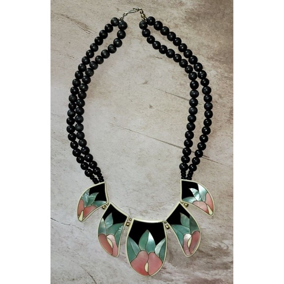 1980's Vintage Mother of Pearl Inlay MOP Floral Design Statement Collar Necklace - Picture 1 of 9